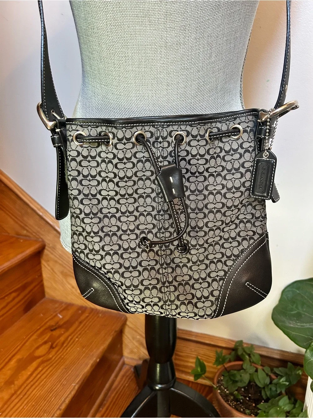 Coach Black and Gray Signature Drawstring Crossbody
